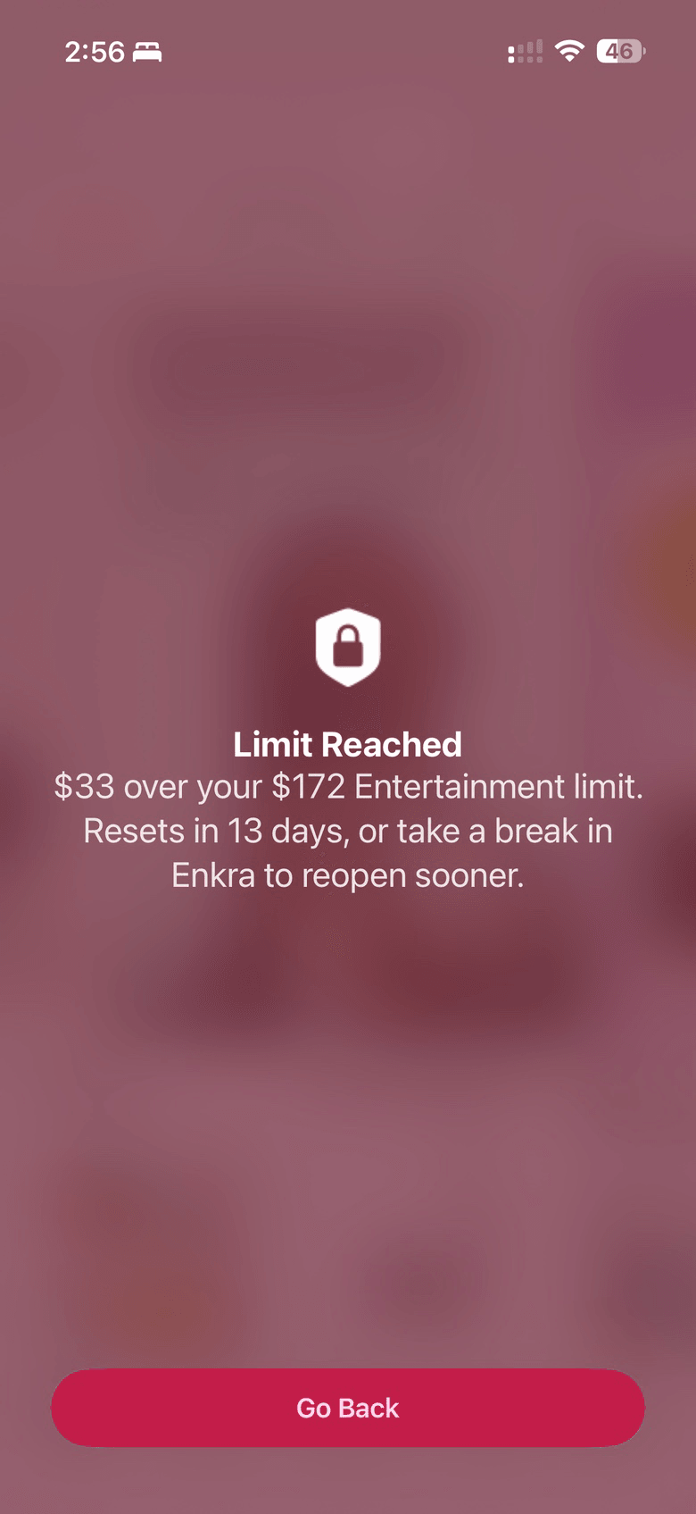 Enkra Limit Reached screen — iOS Screen Time blocks the app at the system level. No swipe-away.