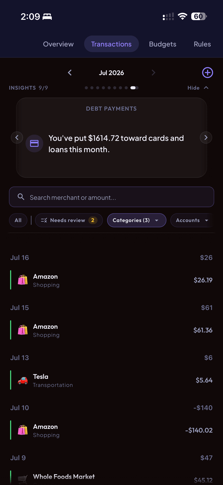 Enkra Transactions screen — Your real spending feed, synced from the bank.